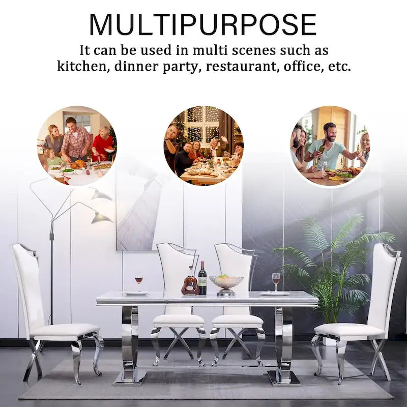 Table à manger de luxe avec piètement circulaire en métal poli - 72 pouces
