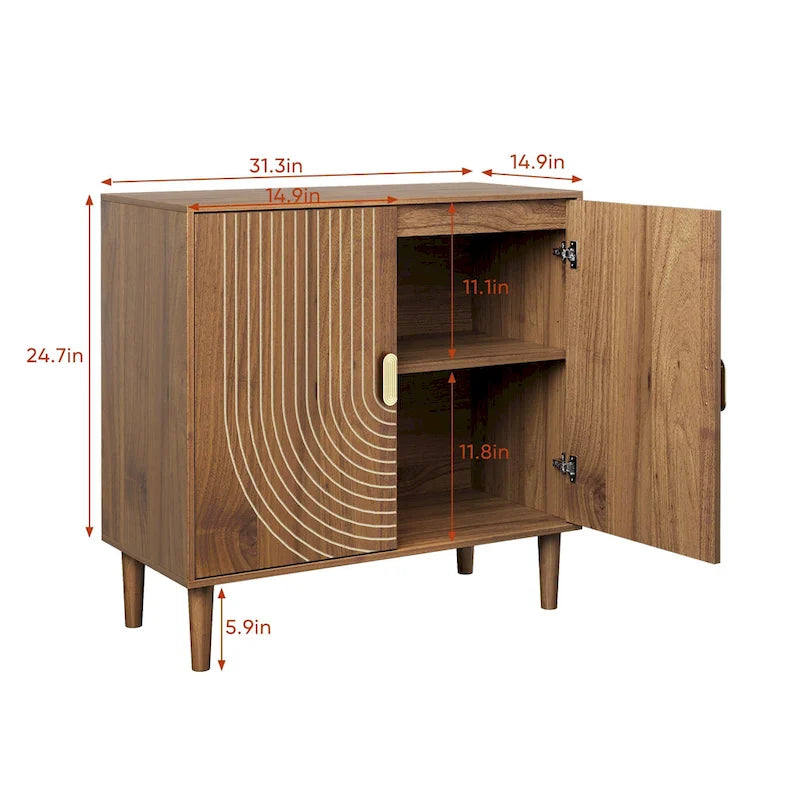 Buffet en noyer Mid-Century avec portes rainurées en arc et poignées dorées