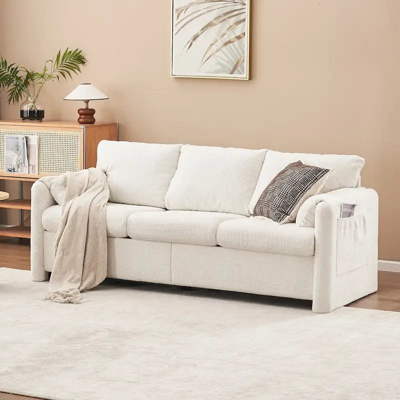 Canapé 3 places en chenille blanc ivoire avec assise profonde en mousse haute densité