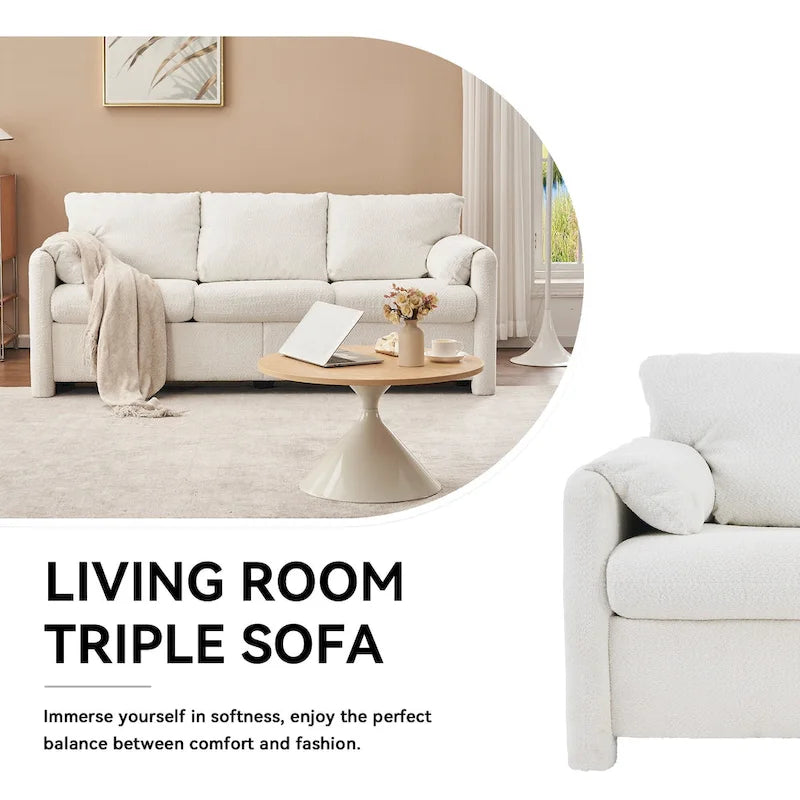 Canapé 3 places en chenille blanc ivoire avec assise profonde en mousse haute densité