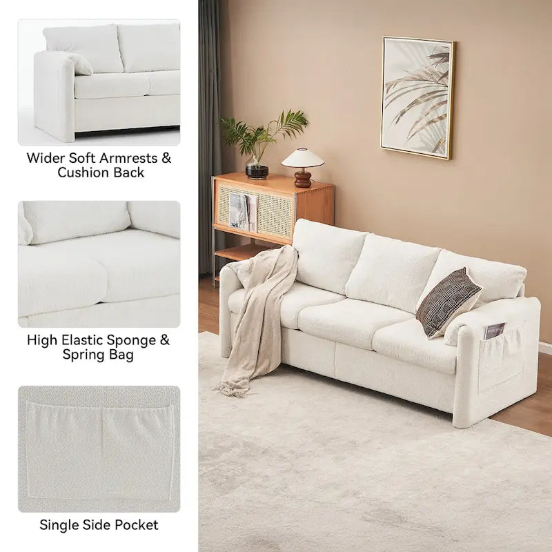 Canapé 3 places en chenille blanc ivoire avec assise profonde en mousse haute densité