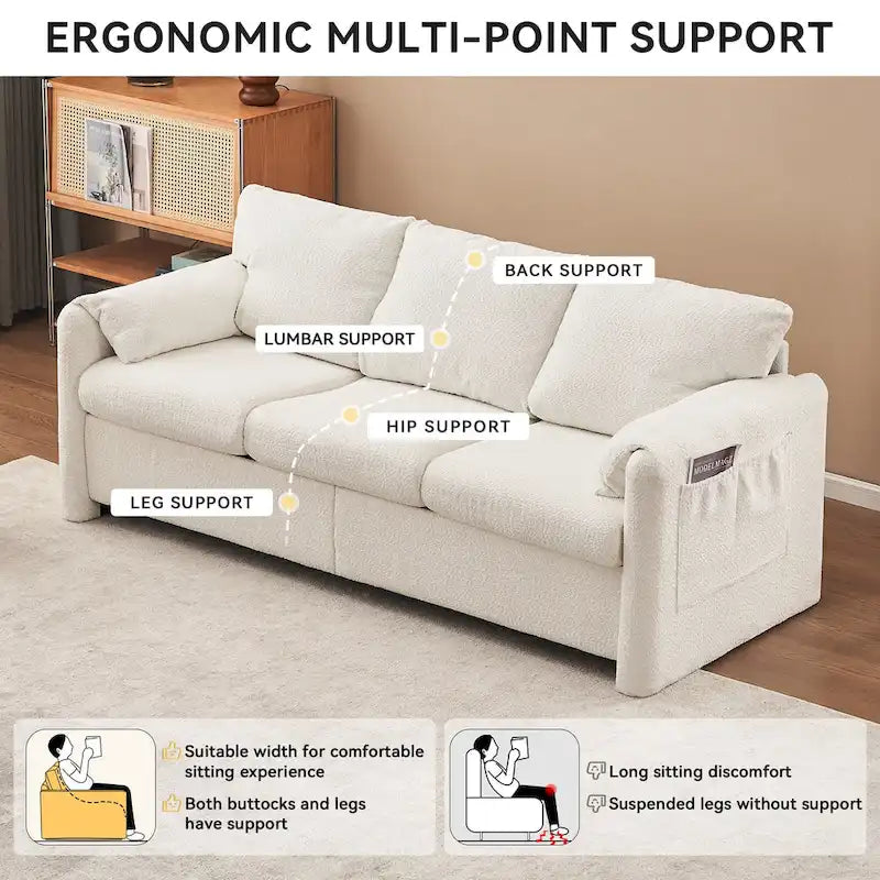 Canapé 3 places en chenille blanc ivoire avec assise profonde en mousse haute densité
