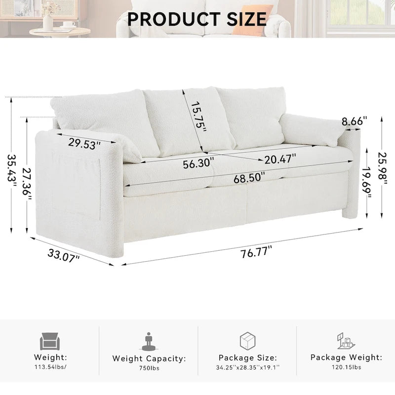 Canapé 3 places en chenille blanc ivoire avec assise profonde en mousse haute densité