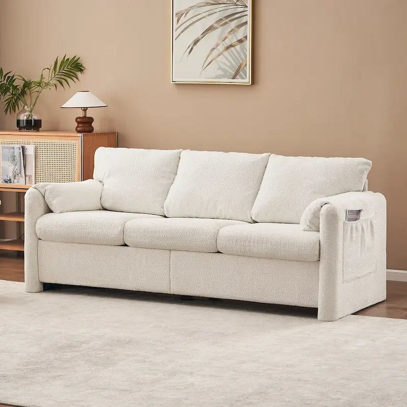 Canapé 3 places en chenille blanc ivoire avec assise profonde en mousse haute densité