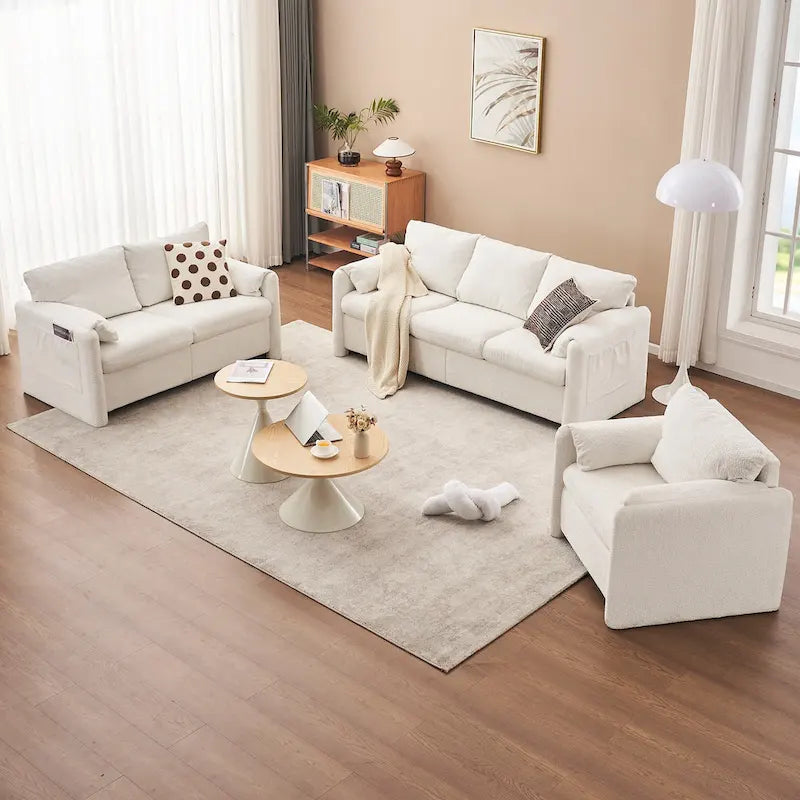 Canapé 3 places en chenille blanc ivoire avec assise profonde en mousse haute densité