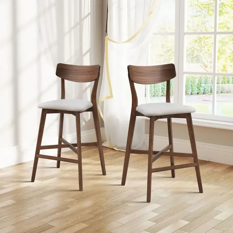 Tabouret de bar rembourré à hauteur de comptoir avec dossier et pieds en bois massif
