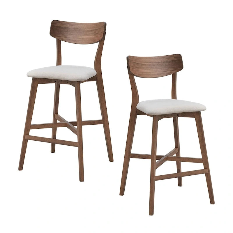 Tabouret de bar rembourré à hauteur de comptoir avec dossier et pieds en bois massif