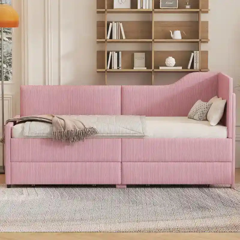 Cadre de lit de repos en velours côtelé en forme de L avec tiroirs de rangement Rose