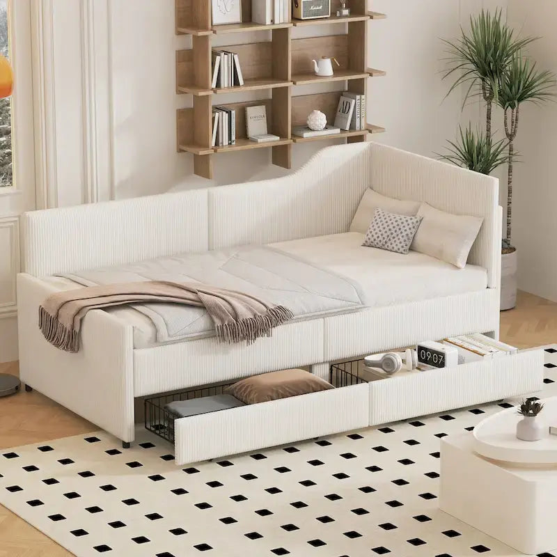 Cadre de lit de repos en velours côtelé en forme de L avec tiroirs de rangement Rose
