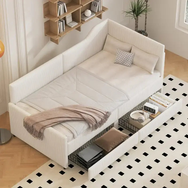 Cadre de lit de repos en velours côtelé en forme de L avec tiroirs de rangement Rose