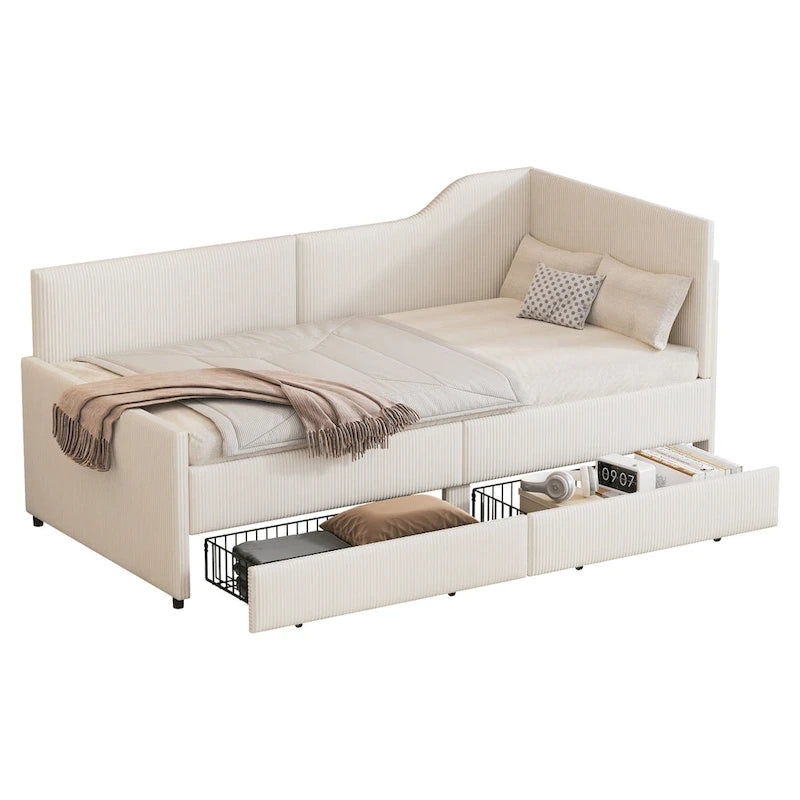 Cadre de lit de repos en velours côtelé en forme de L avec tiroirs de rangement Rose