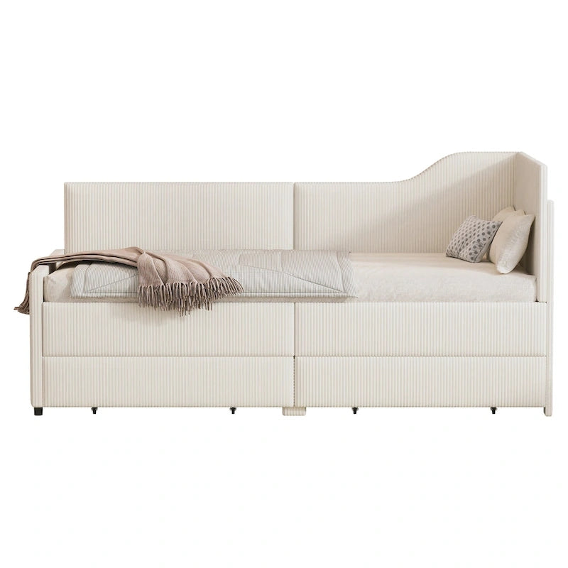 Cadre de lit de repos en velours côtelé en forme de L avec tiroirs de rangement Rose