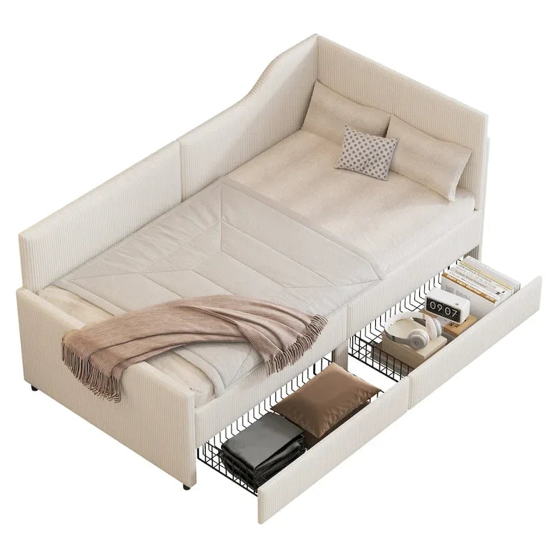 Cadre de lit de repos en velours côtelé en forme de L avec tiroirs de rangement Rose