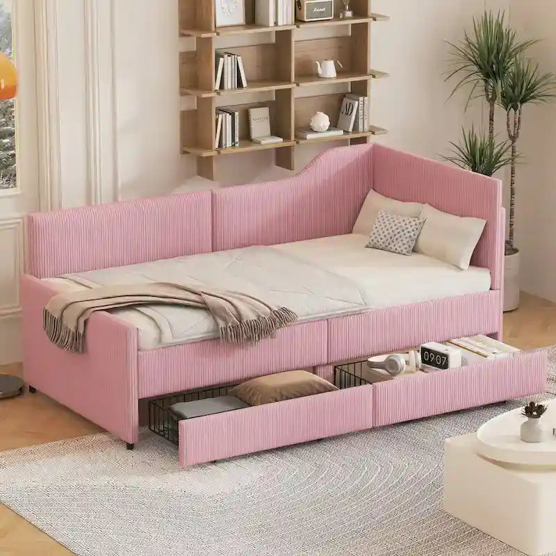 Cadre de lit de repos en velours côtelé en forme de L avec tiroirs de rangement Rose