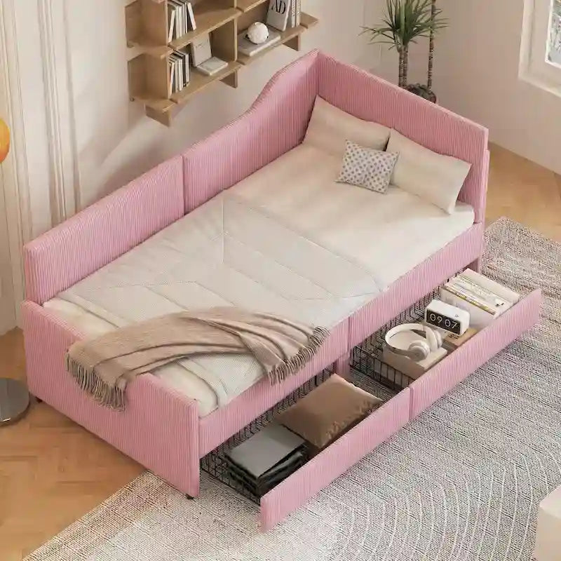 Cadre de lit de repos en velours côtelé en forme de L avec tiroirs de rangement Rose