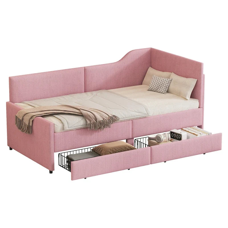 Cadre de lit de repos en velours côtelé en forme de L avec tiroirs de rangement Rose