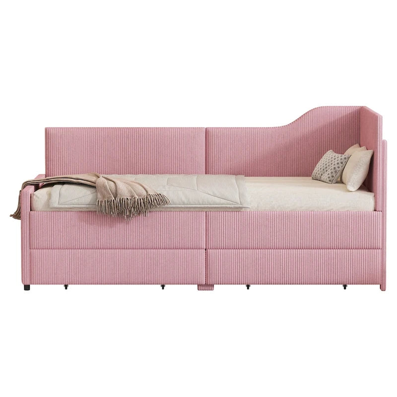 Cadre de lit de repos en velours côtelé en forme de L avec tiroirs de rangement Rose