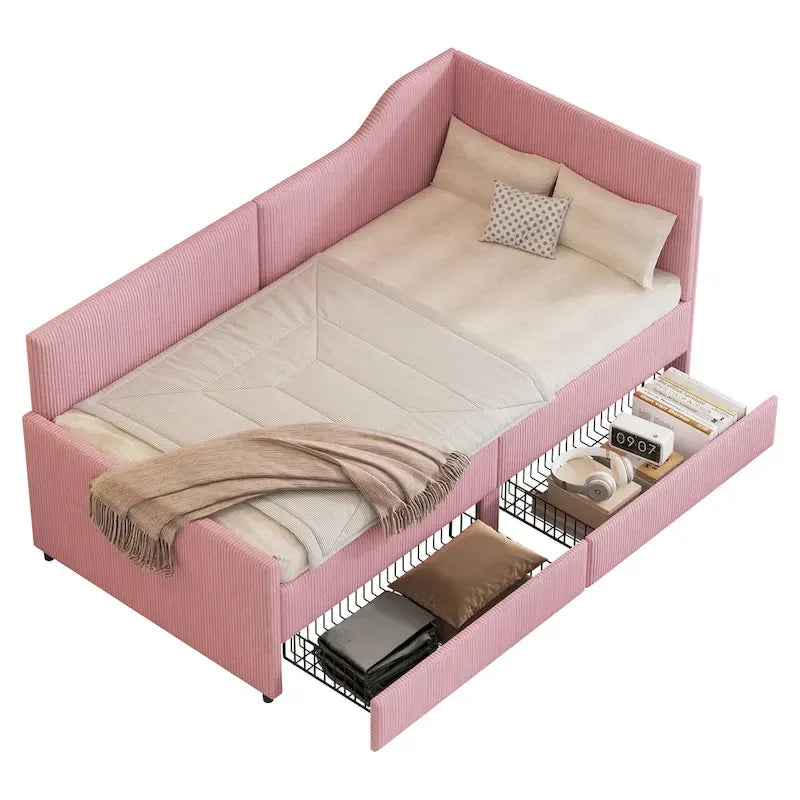 Cadre de lit de repos en velours côtelé en forme de L avec tiroirs de rangement Rose