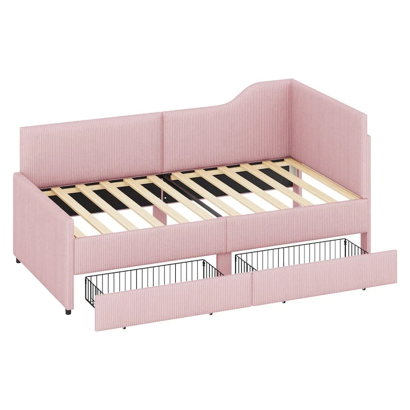 Cadre de lit de repos en velours côtelé en forme de L avec tiroirs de rangement Rose