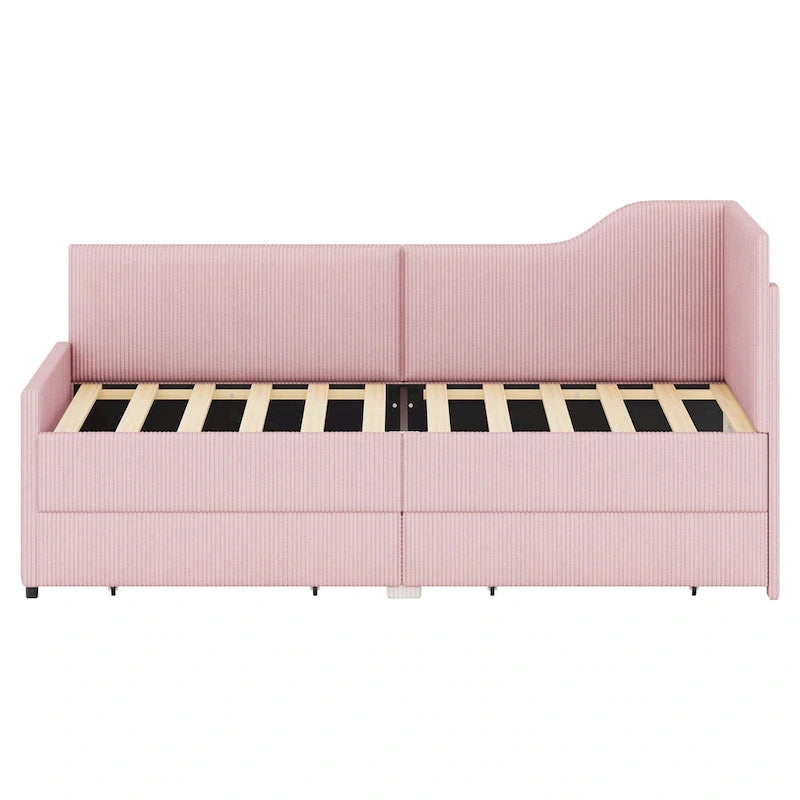 Cadre de lit de repos en velours côtelé en forme de L avec tiroirs de rangement Rose