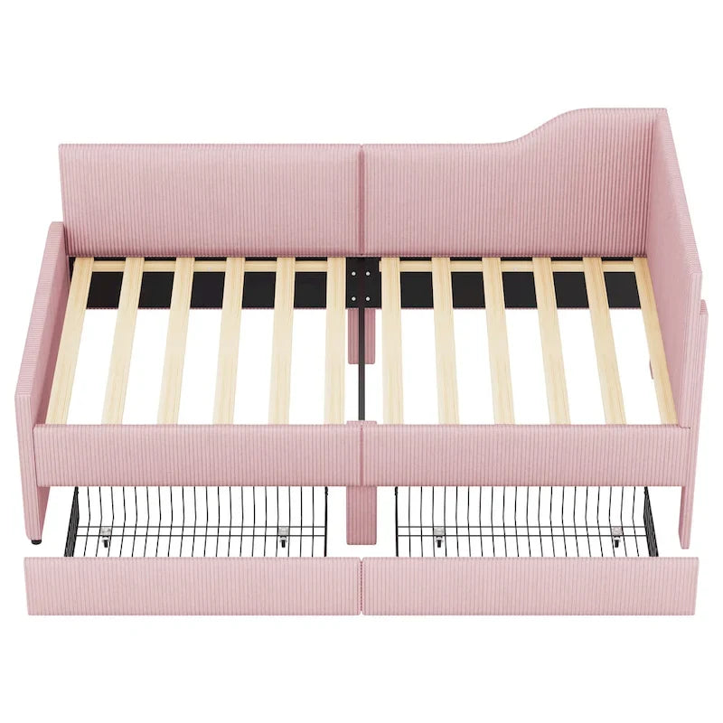 Cadre de lit de repos en velours côtelé en forme de L avec tiroirs de rangement Rose