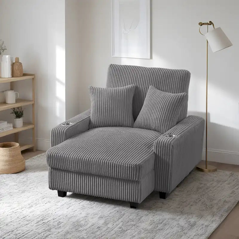 Chaise longue en velours côtelé gris avec porte-gobelets et dossier réglable