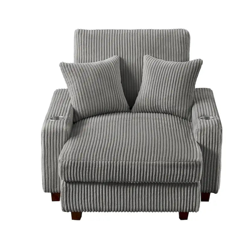 Chaise longue en velours côtelé gris avec porte-gobelets et dossier réglable