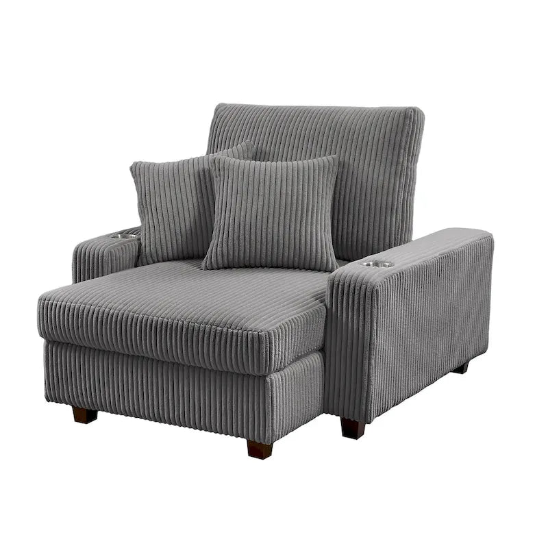 Chaise longue en velours côtelé gris avec porte-gobelets et dossier réglable