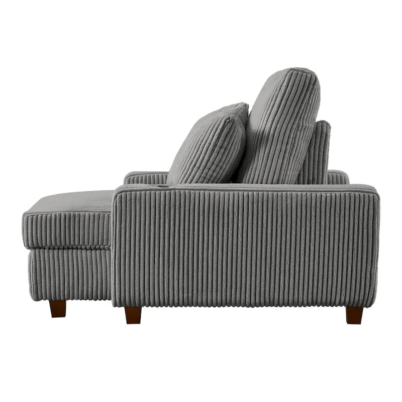 Chaise longue en velours côtelé gris avec porte-gobelets et dossier réglable