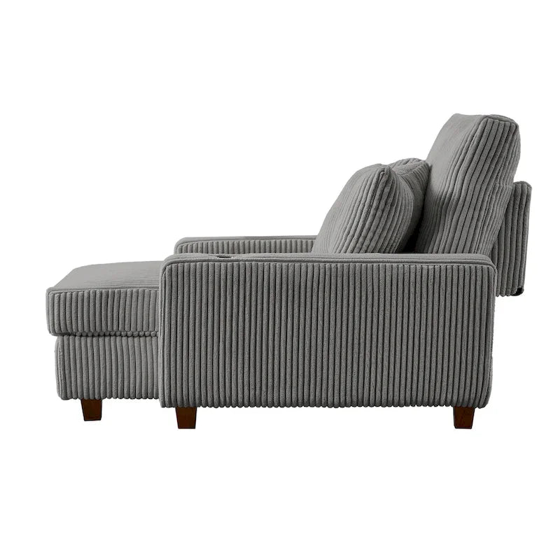 Chaise longue en velours côtelé gris avec porte-gobelets et dossier réglable