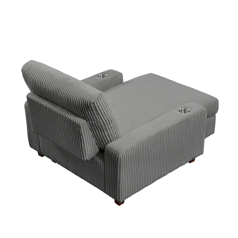 Chaise longue en velours côtelé gris avec porte-gobelets et dossier réglable