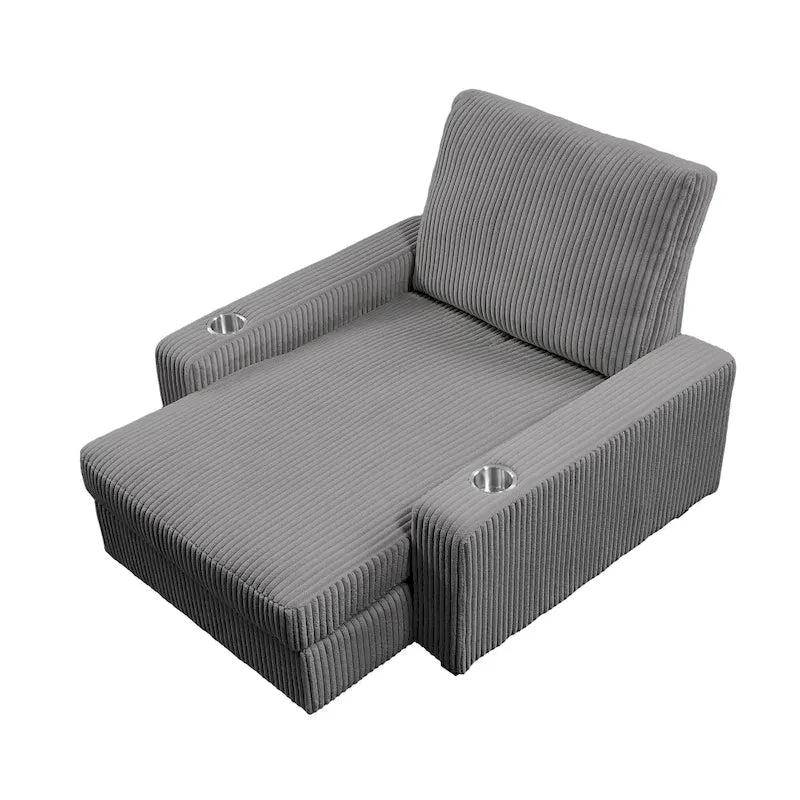 Chaise longue en velours côtelé gris avec porte-gobelets et dossier réglable