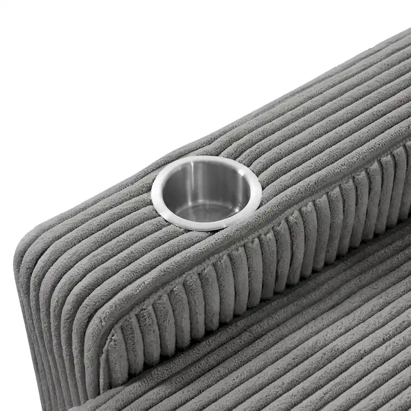 Chaise longue en velours côtelé gris avec porte-gobelets et dossier réglable