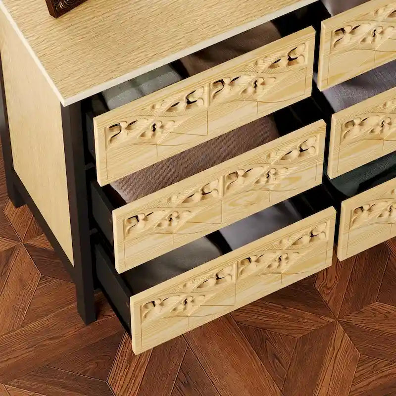 Commode en bois à neuf tiroirs avec cadre en métal noir et détails sculptés