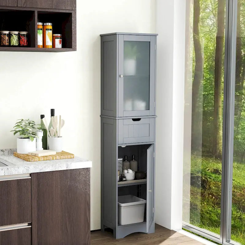 Meuble de rangement de salle de bain haut sur pied avec portes vitrées et tiroir