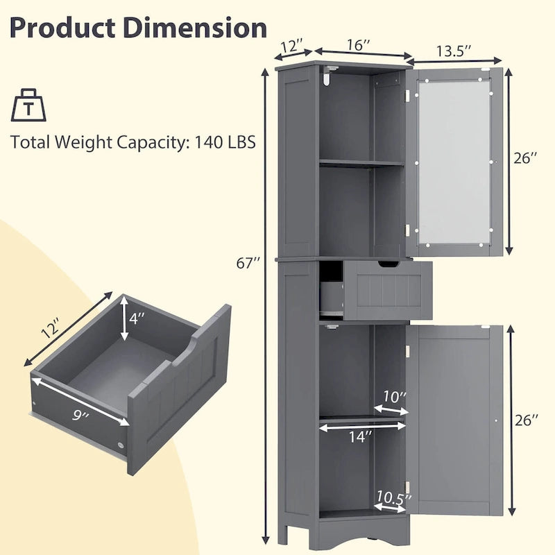Meuble de rangement de salle de bain haut sur pied avec portes vitrées et tiroir