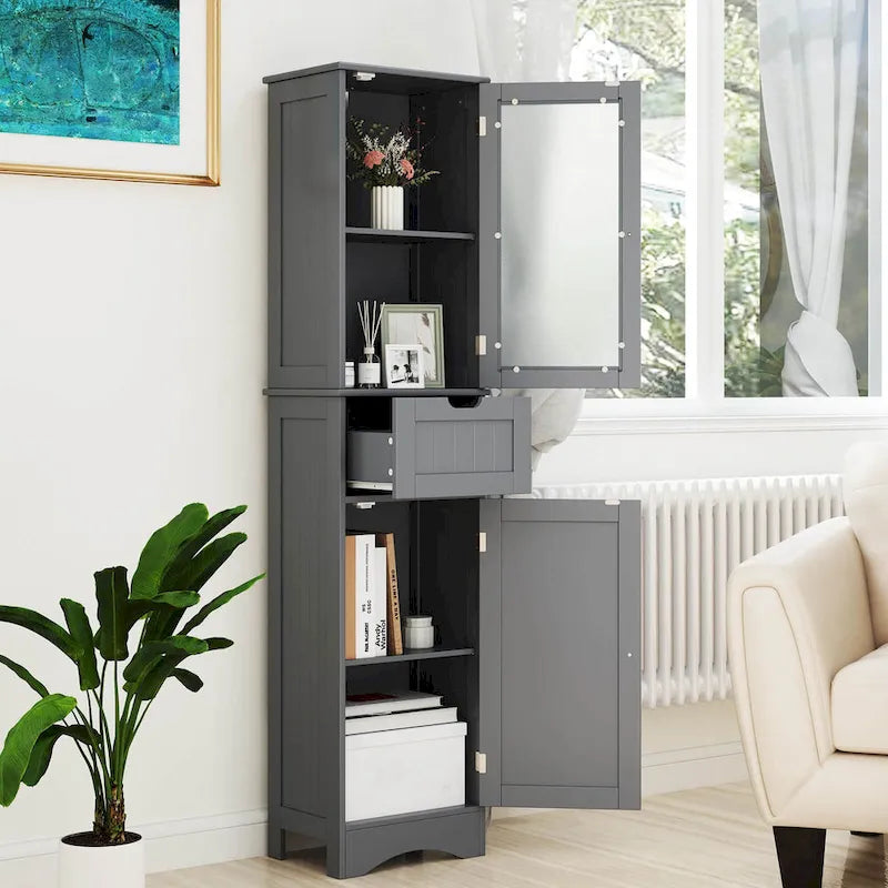 Meuble de rangement de salle de bain haut sur pied avec portes vitrées et tiroir