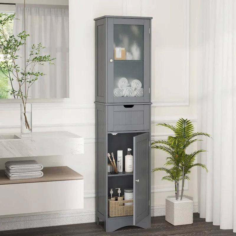 Meuble de rangement de salle de bain haut sur pied avec portes vitrées et tiroir