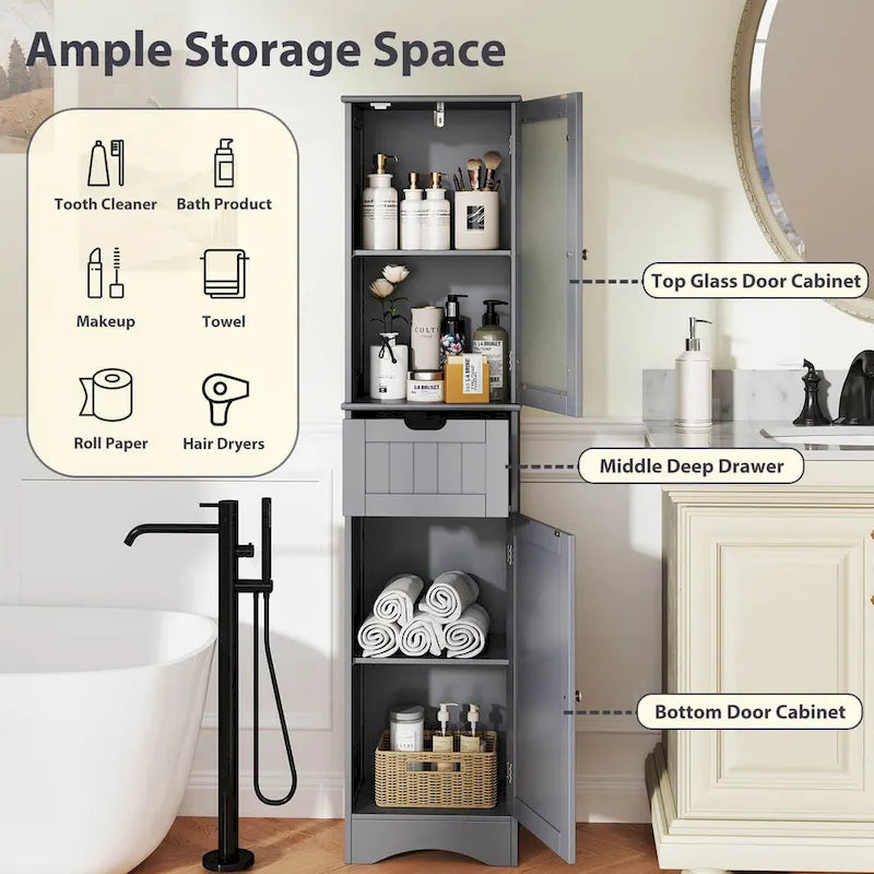 Meuble de rangement de salle de bain haut sur pied avec portes vitrées et tiroir