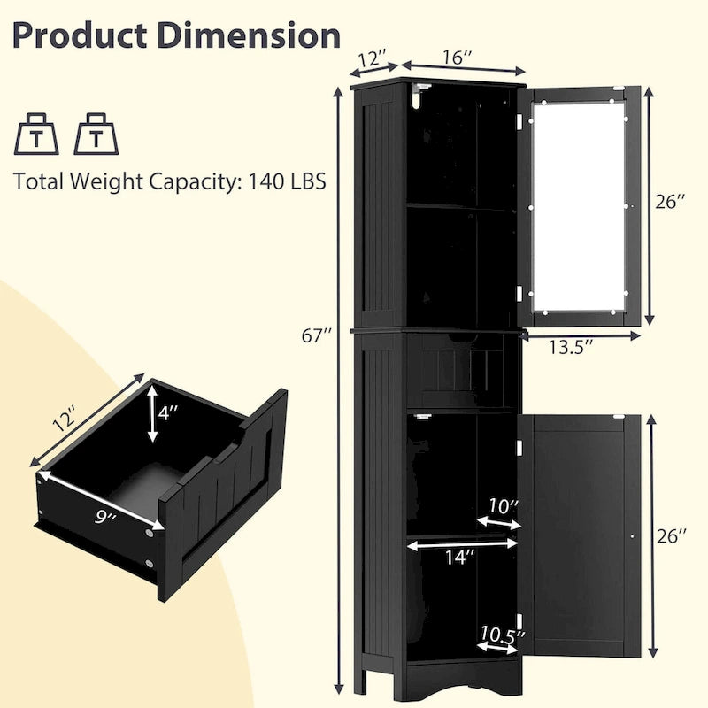Meuble de rangement de salle de bain haut sur pied avec portes vitrées et tiroir