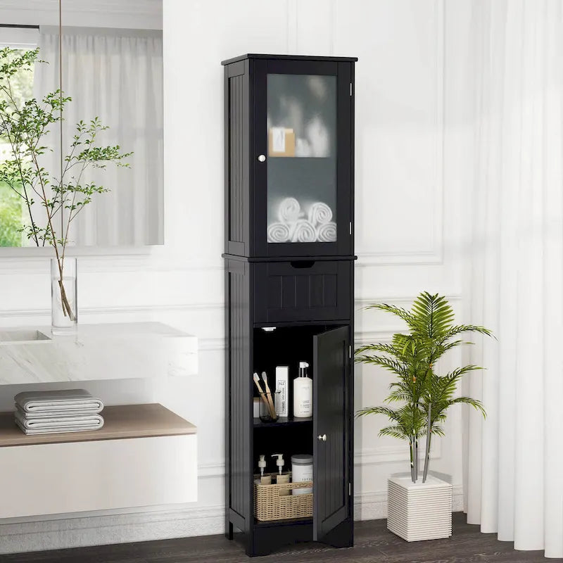 Meuble de rangement de salle de bain haut sur pied avec portes vitrées et tiroir