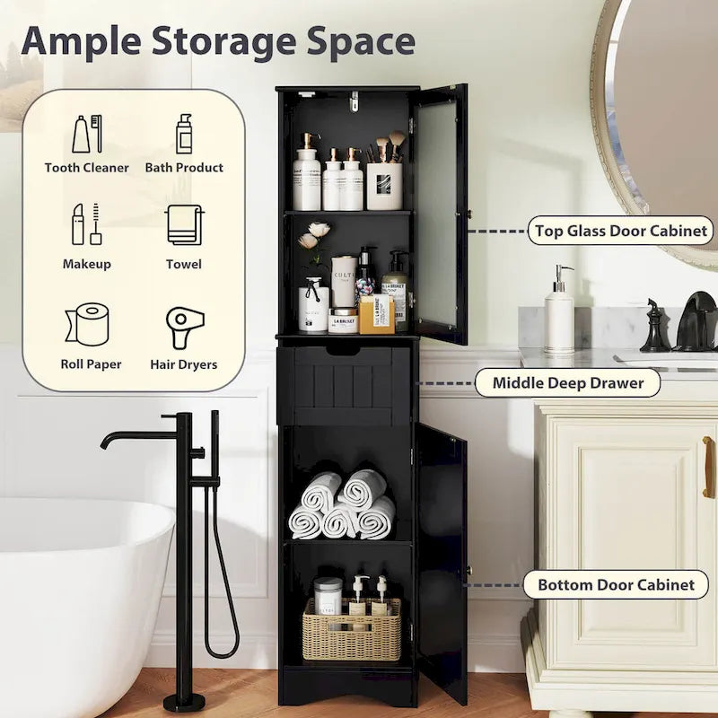 Meuble de rangement de salle de bain haut sur pied avec portes vitrées et tiroir