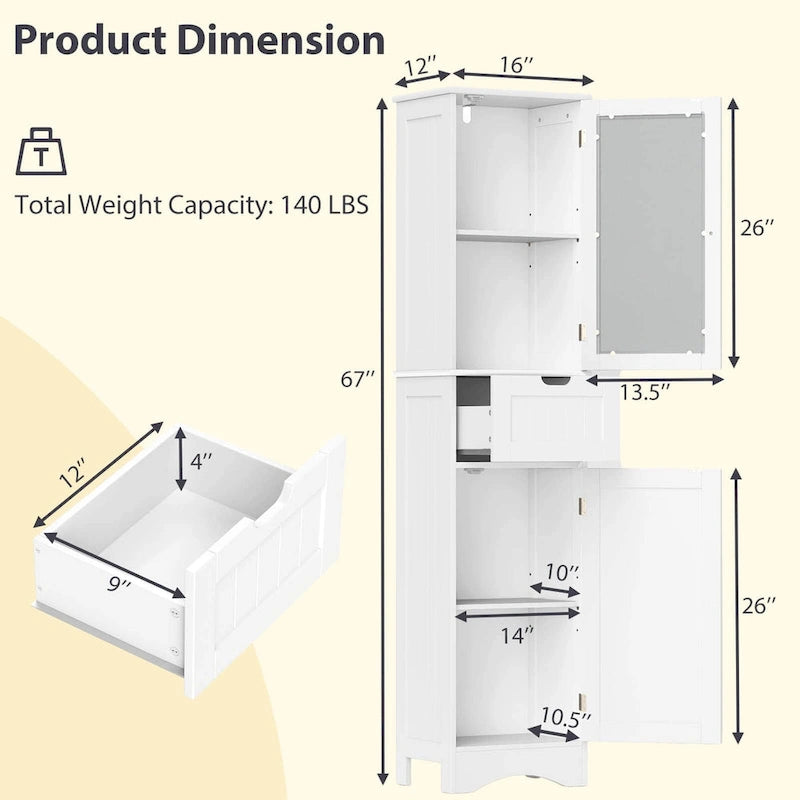 Meuble de rangement de salle de bain haut sur pied avec portes vitrées et tiroir