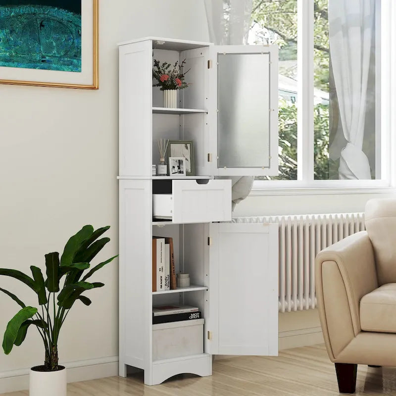 Meuble de rangement de salle de bain haut sur pied avec portes vitrées et tiroir