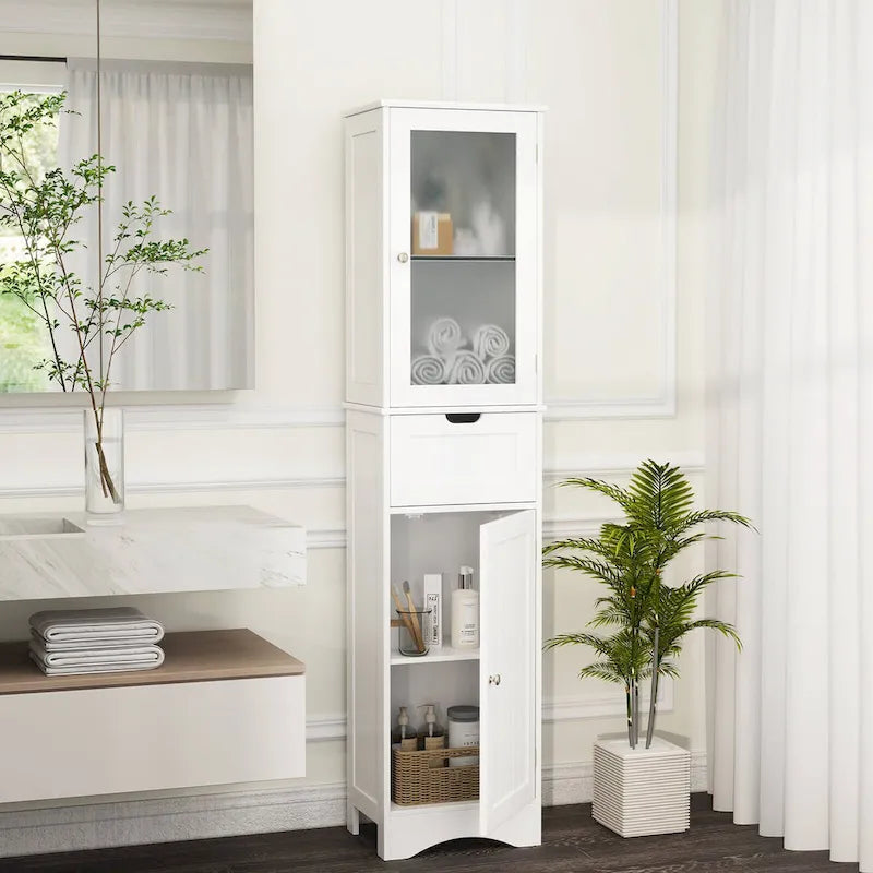 Meuble de rangement de salle de bain haut sur pied avec portes vitrées et tiroir