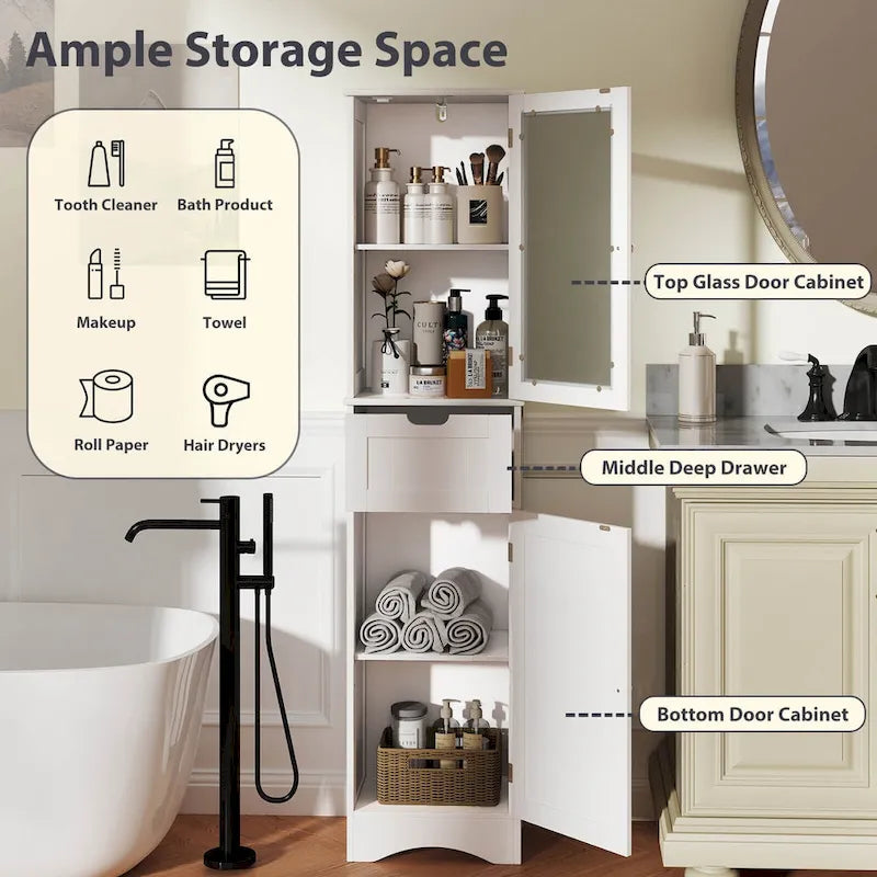 Meuble de rangement de salle de bain haut sur pied avec portes vitrées et tiroir
