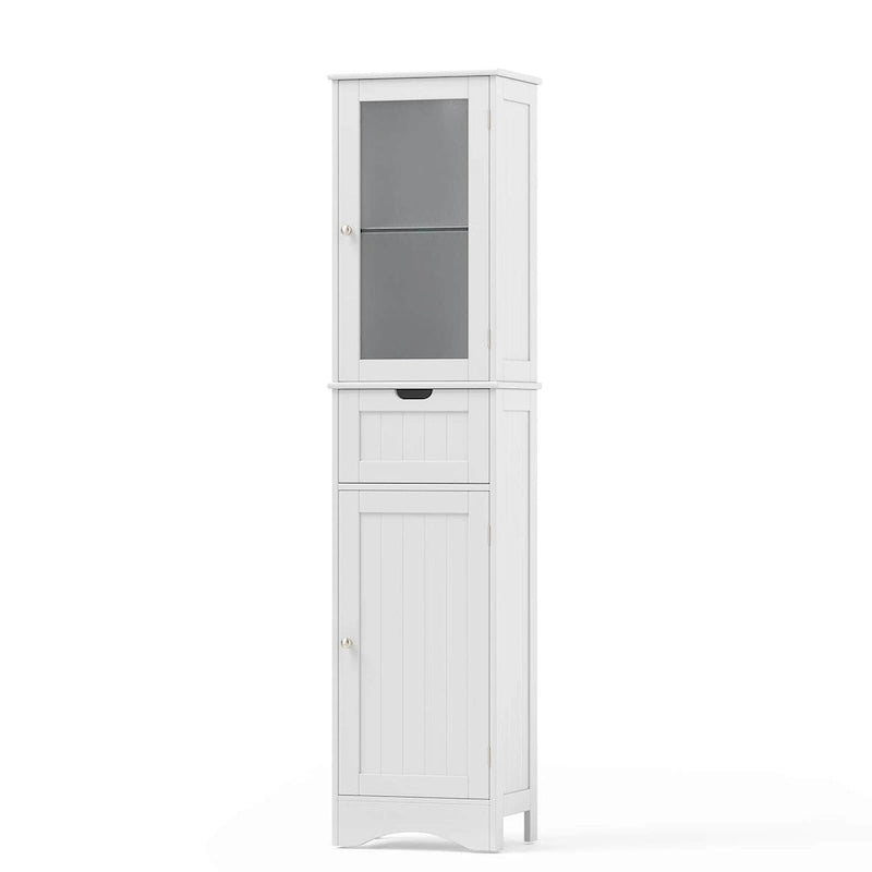 Meuble de rangement de salle de bain haut sur pied avec portes vitrées et tiroir