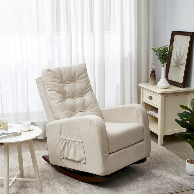 Fauteuil à bascule capitonné beige à dossier haut avec pochette latérale rembourré