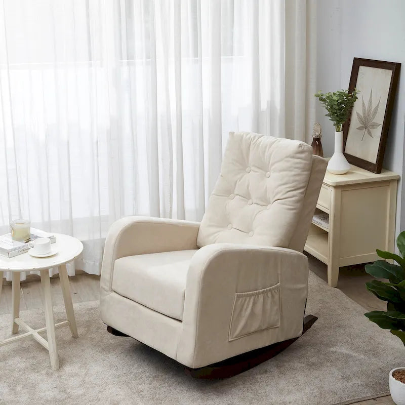 Fauteuil à bascule capitonné beige à dossier haut avec pochette latérale rembourré