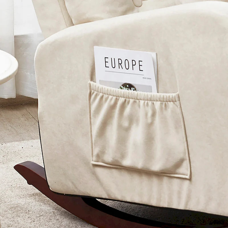 Fauteuil à bascule capitonné beige à dossier haut avec pochette latérale rembourré